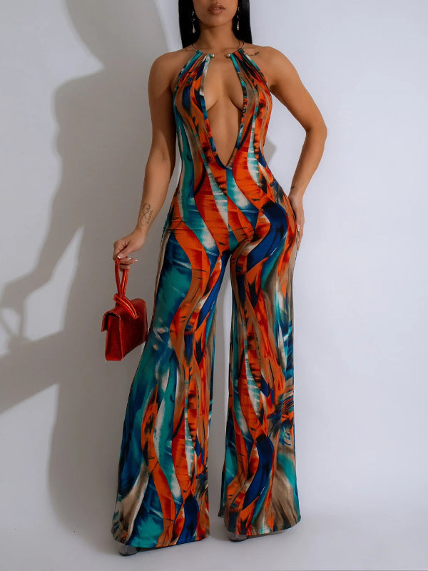 Motionkiller Printed Plunge Halter Jumpsuit