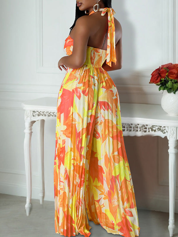 Printed Halter Wide-Leg Jumpsuit