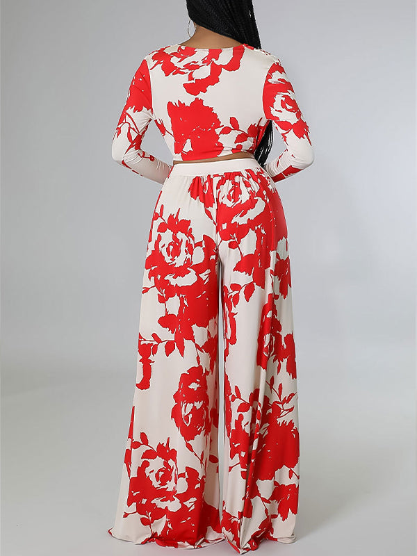 Motionkiller Printed V-Neck Top & Wide-Leg Pants Set