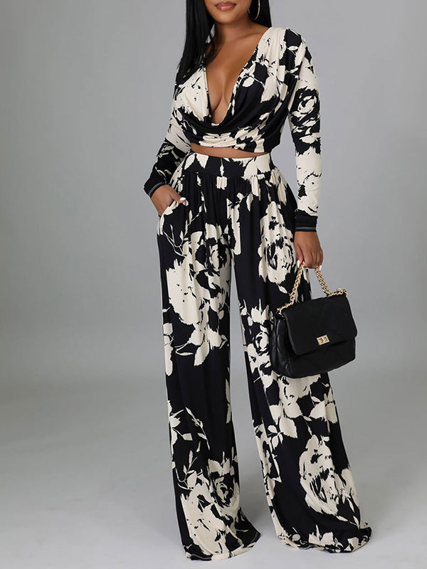 Motionkiller Printed V-Neck Top & Wide-Leg Pants Set