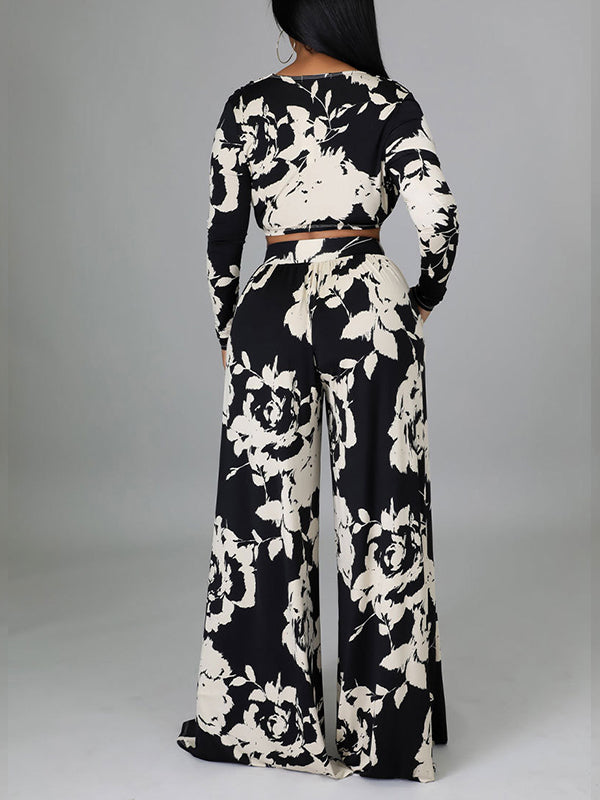 Motionkiller Printed V-Neck Top & Wide-Leg Pants Set