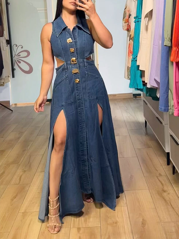 Denim Sleeveless Slit Dress