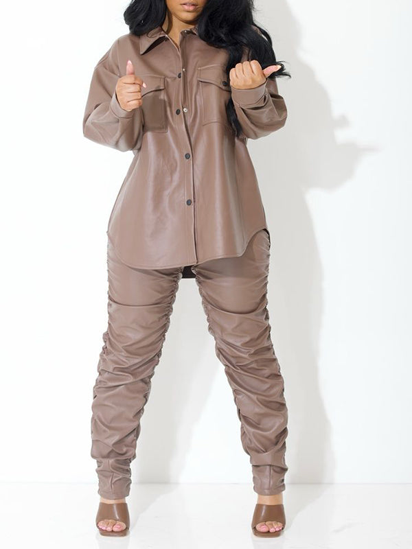 Faux-Leather Shirt & Ruched Pants Set