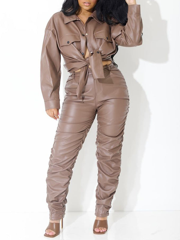 Faux-Leather Shirt & Ruched Pants Set