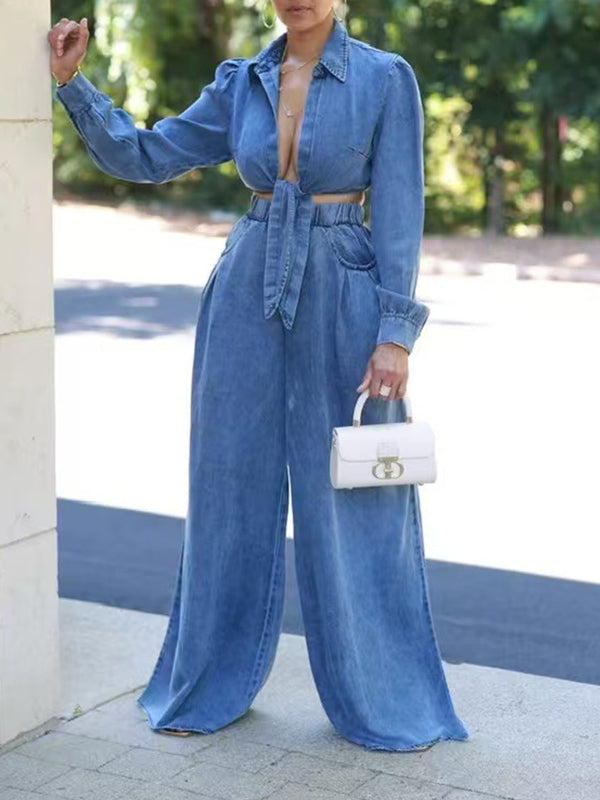 Motionkiller Denim Tied Shirt & Wide-Leg Pants Set