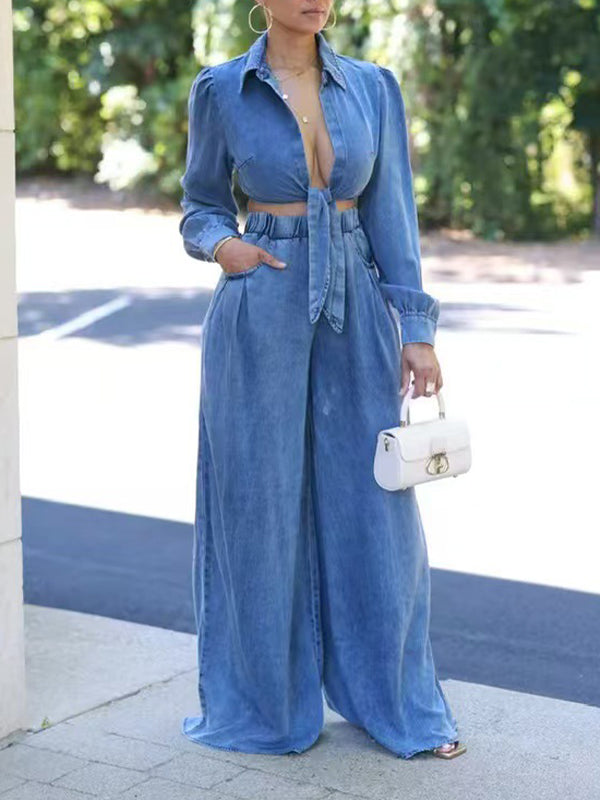 Denim Tied Shirt & Wide-Leg Pants Set