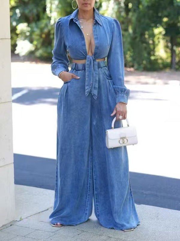 Denim Tied Shirt & Wide-Leg Pants Set