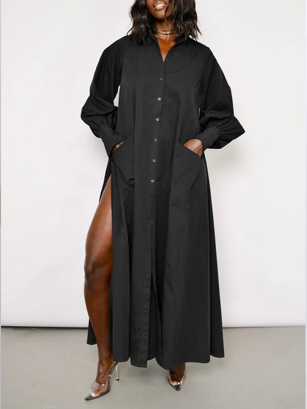 Solid Side-Slit Shirt Dress