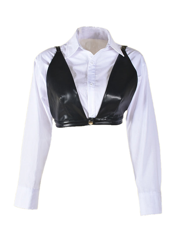 Cropped Shirt with Faux-Leather Bra