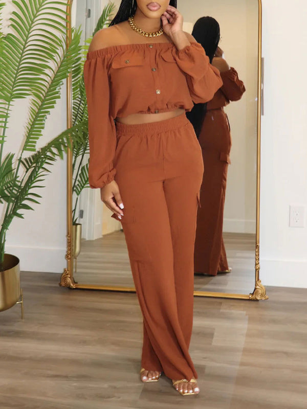 Off-Shoulder Button Top & Pants Set