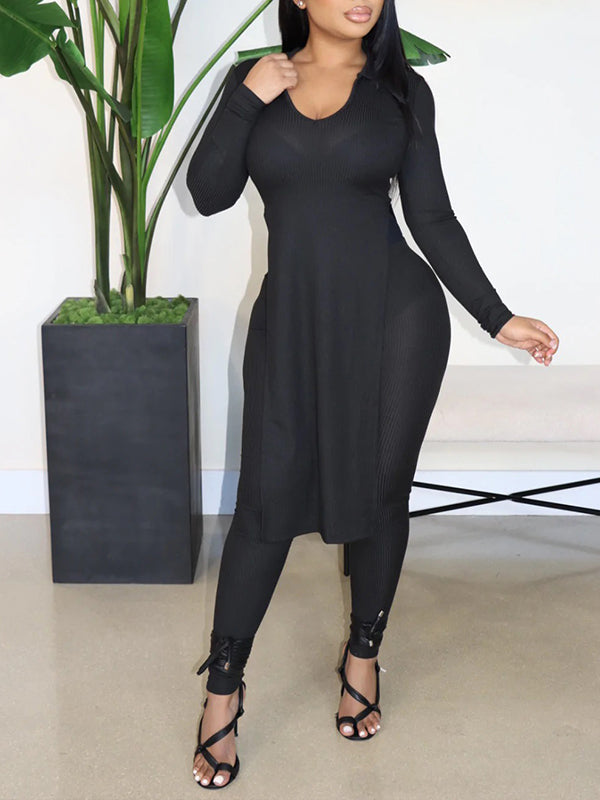 Ribbed Slit Tunic Top & Pants Set