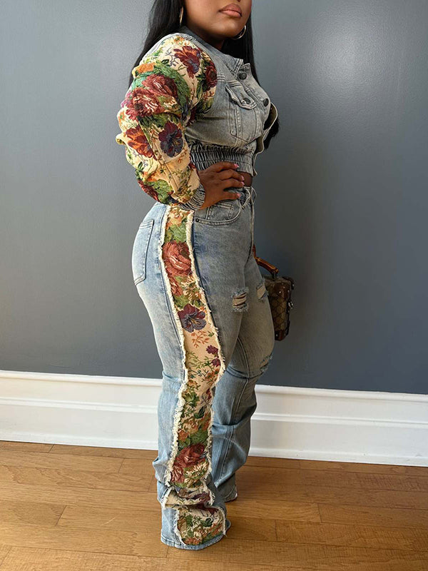 Printed Combo Denim Jacket & Pants Set