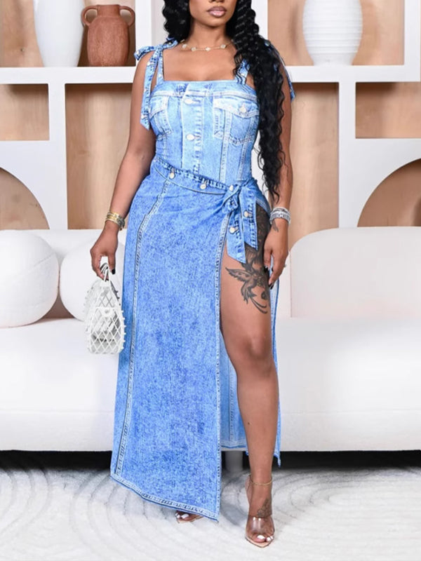 Denim-Print Bodysuit & Skirt Set