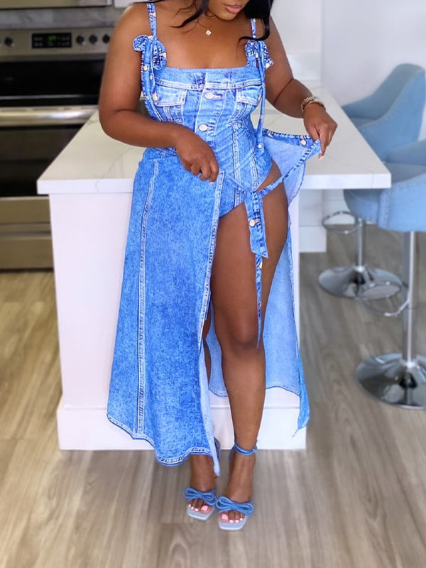 Denim-Print Bodysuit & Skirt Set