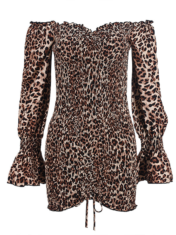 Leopard Off-Shoulder Drawstring Dress