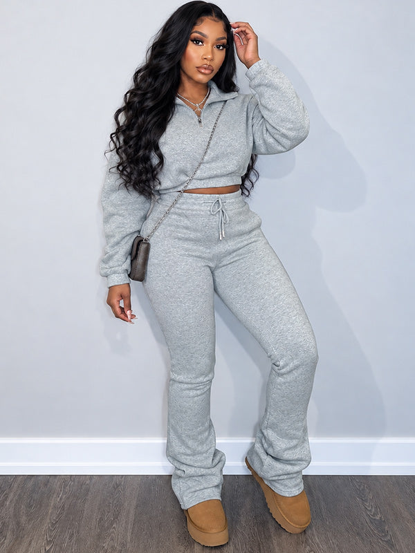 Solid Zip-Front Sweatshirt & Pants Set