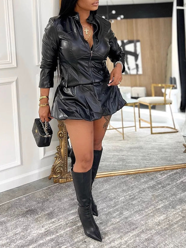 Faux-Leather Jacket & Skirt Set