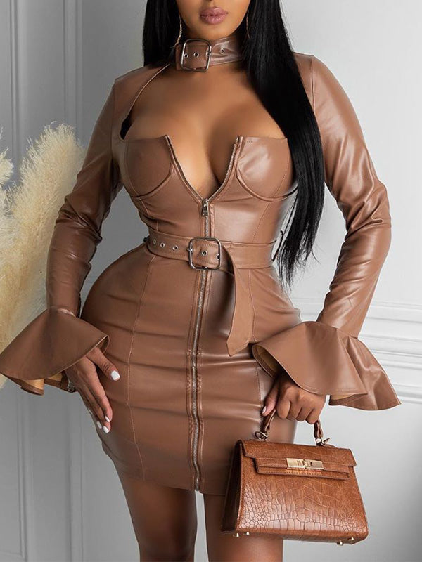 Belted Faux-Leather Dress