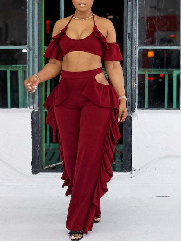 Ruffle Halter Top & Cutout Pants Set