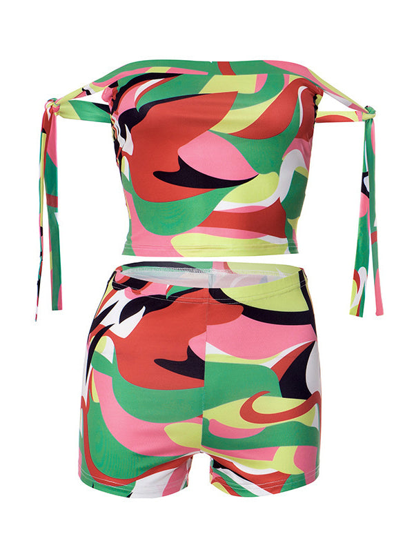 Printed Off-Shoulder Top & Shorts Set--Clearance