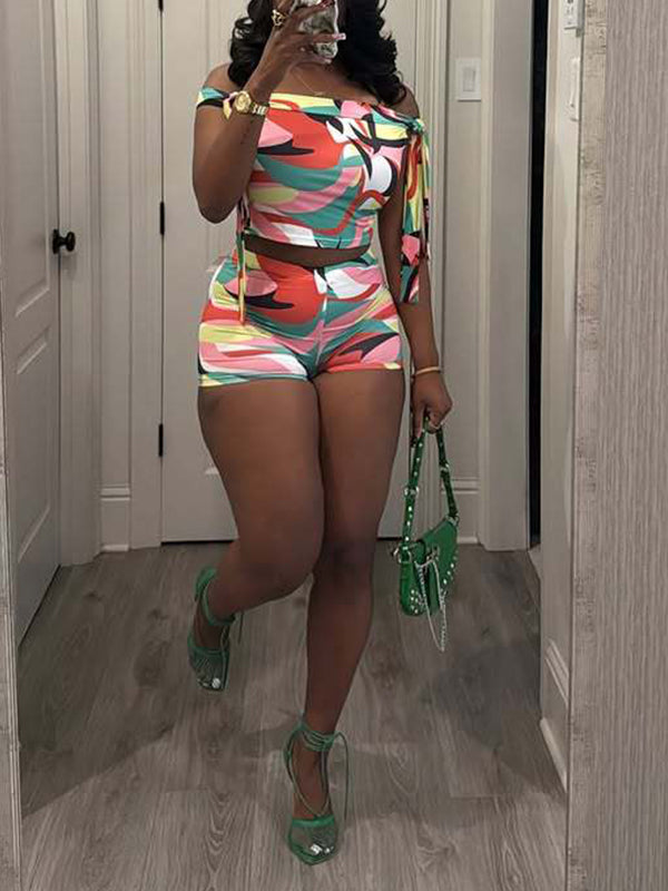 Printed Off-Shoulder Top & Shorts Set--Clearance