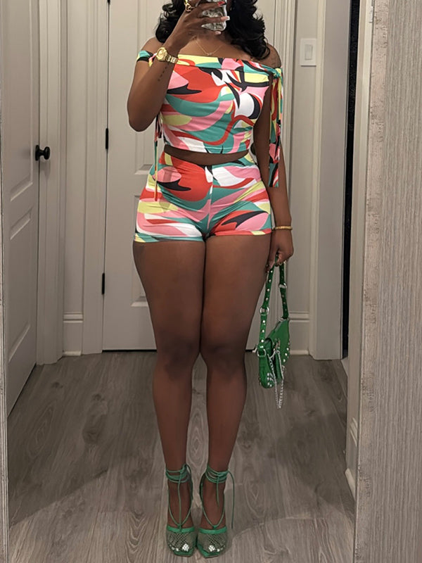Printed Off-Shoulder Top & Shorts Set--Clearance