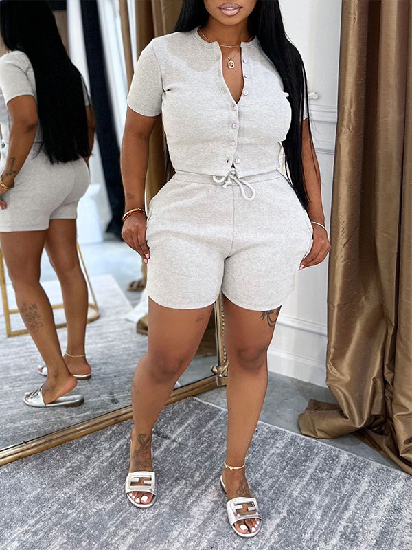 Motionkiller Solid Button-Front Top & Shorts Set