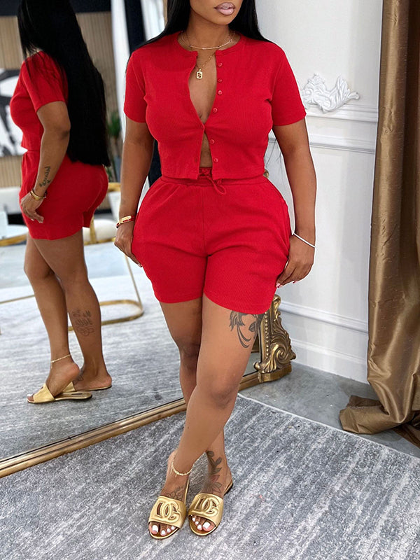 Motionkiller Solid Button-Front Top & Shorts Set