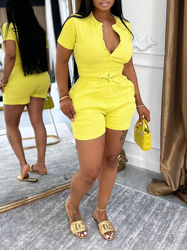 Motionkiller Solid Button-Front Top & Shorts Set