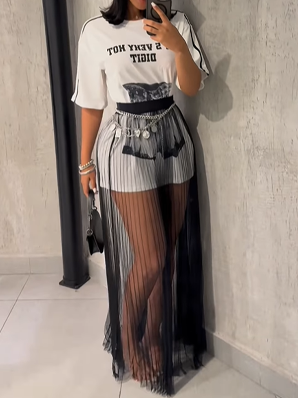Printed Tee & Sheer Skirt Set