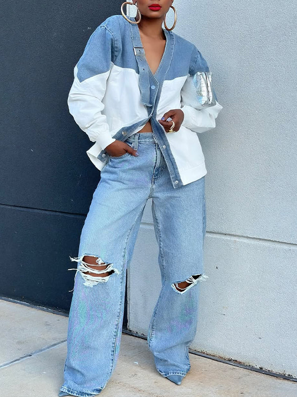 Denim-Combo Button-Front Jacket