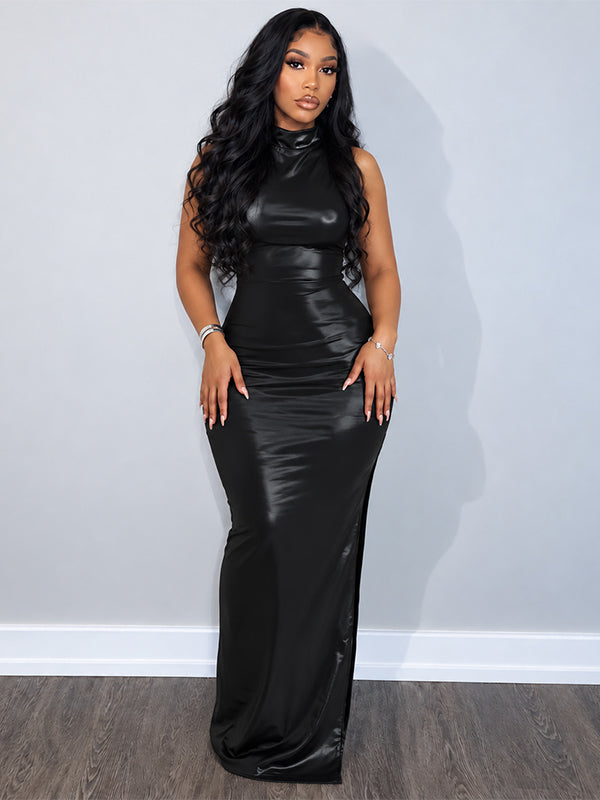 Faux-Leather Sleeveless Slit Dress