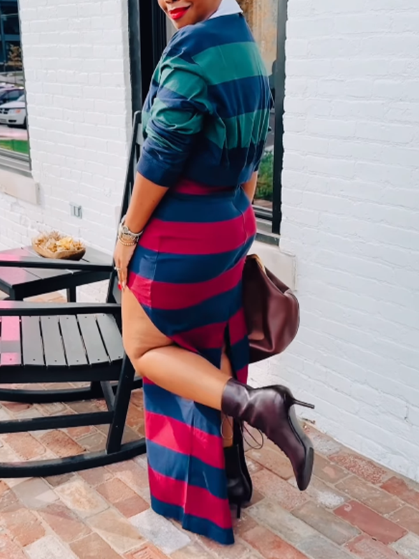 Motionkiller Stripe Polo Top & Slit Skirt Set