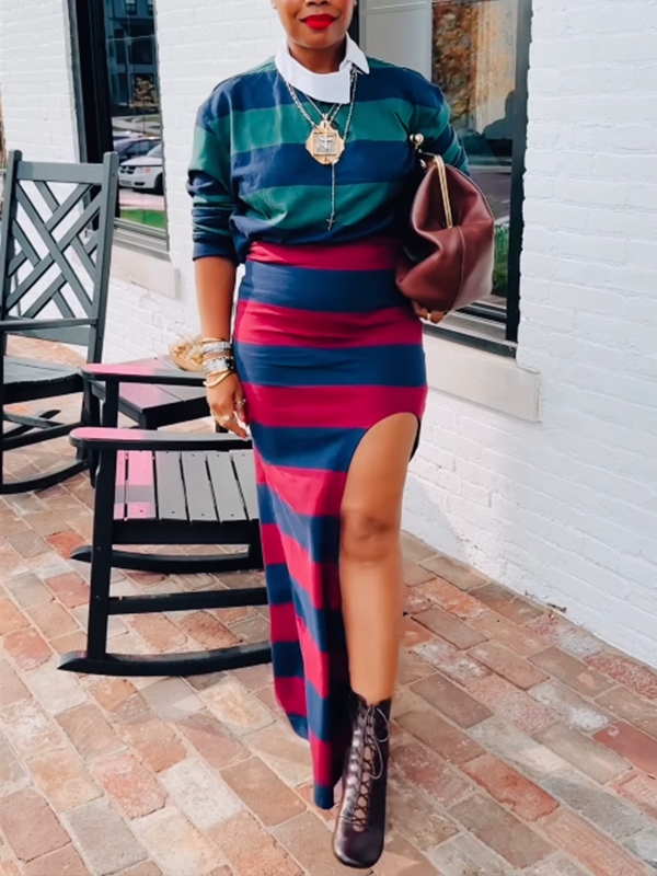 Motionkiller Stripe Polo Top & Slit Skirt Set