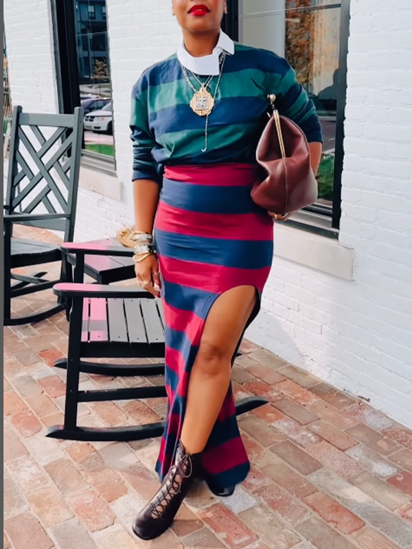 Motionkiller Stripe Polo Top & Slit Skirt Set