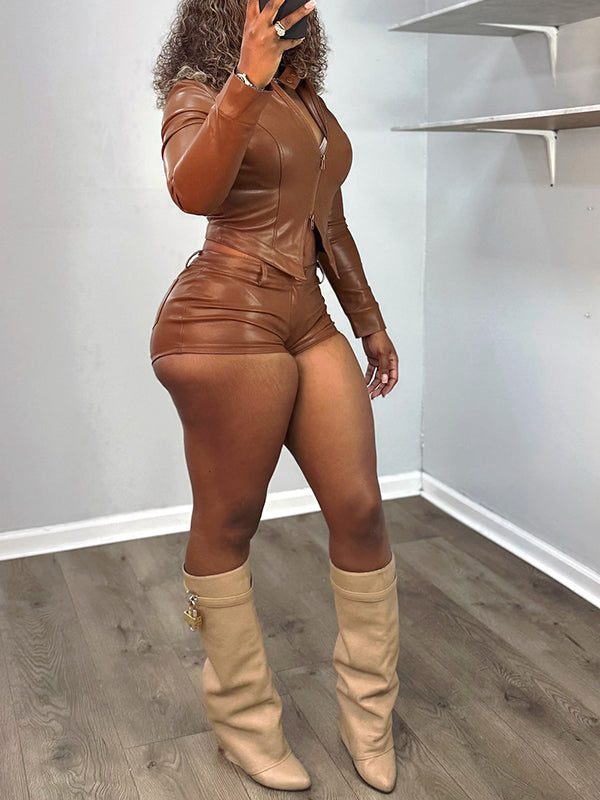 Faux-Leather Jacket & Shorts Set
