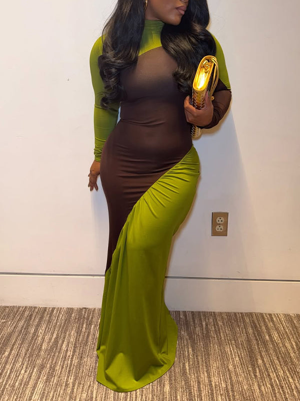 Two-Tone Ruched Maxi Dress