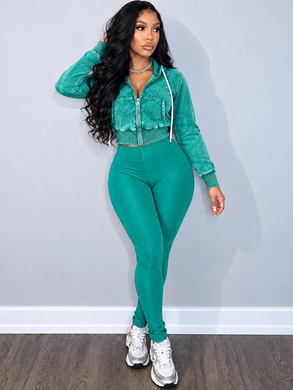 Wash Zip-Front Hoodie & Skinny Pants Set