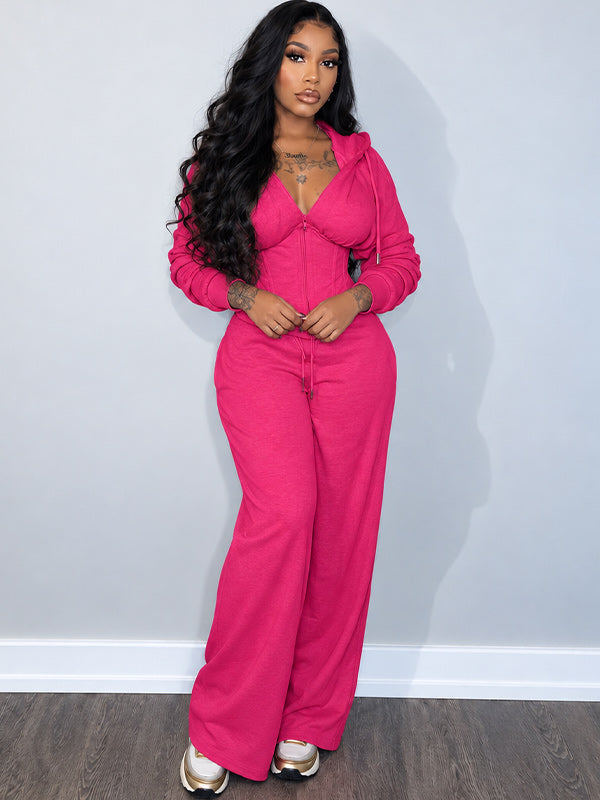 Solid Lace-Up Hoodie & Pants Set