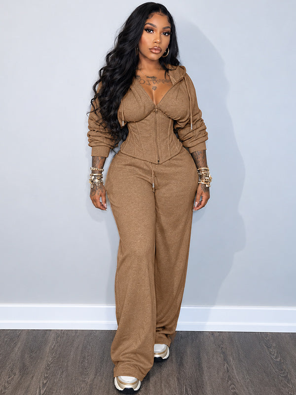 Solid Lace-Up Hoodie & Pants Set