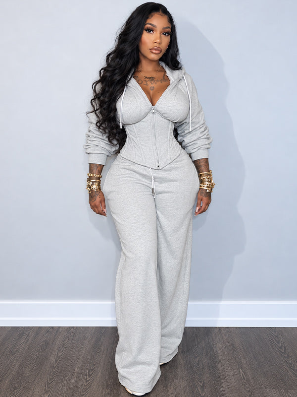 Solid Lace-Up Hoodie & Pants Set