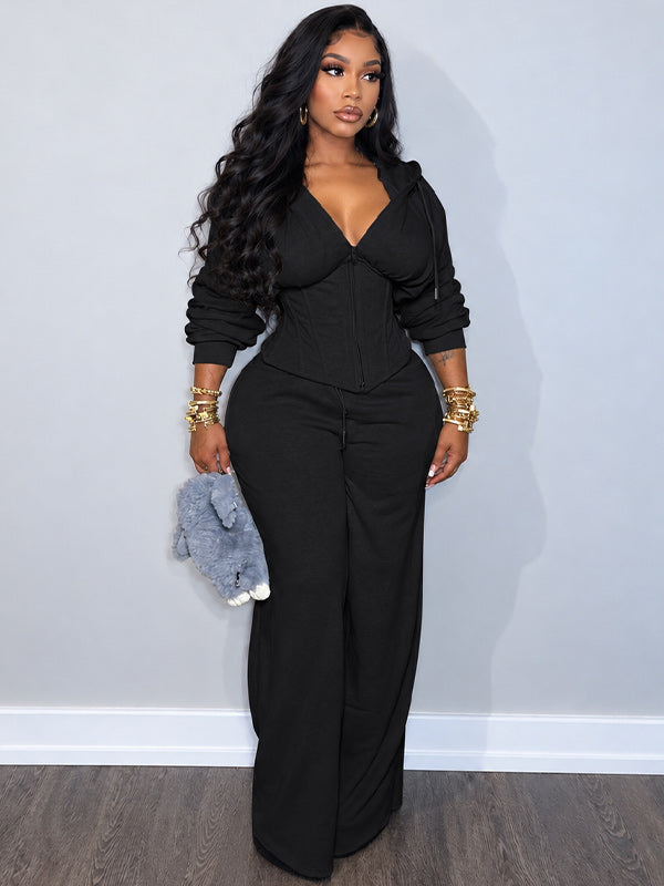 Solid Lace-Up Hoodie & Pants Set