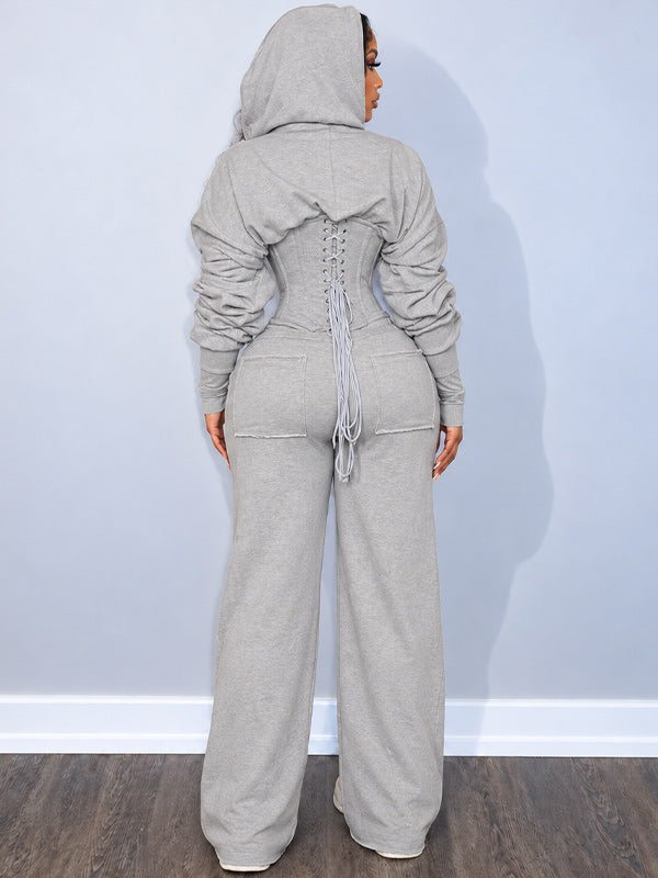 Solid Lace-Up Hoodie & Pants Set