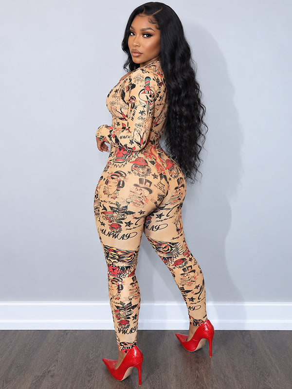 Printed Zip-Front Skinny Jumpsuit