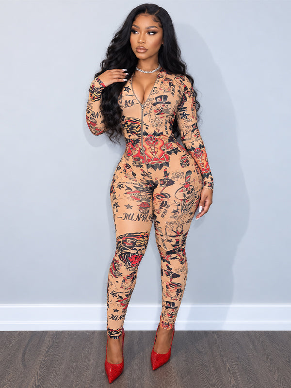 Printed Zip-Front Skinny Jumpsuit