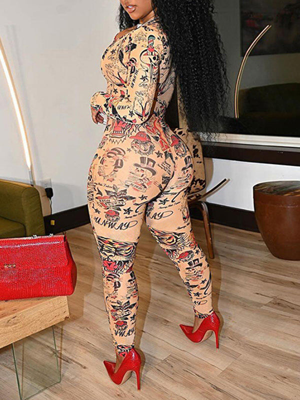 Printed Zip-Front Skinny Jumpsuit