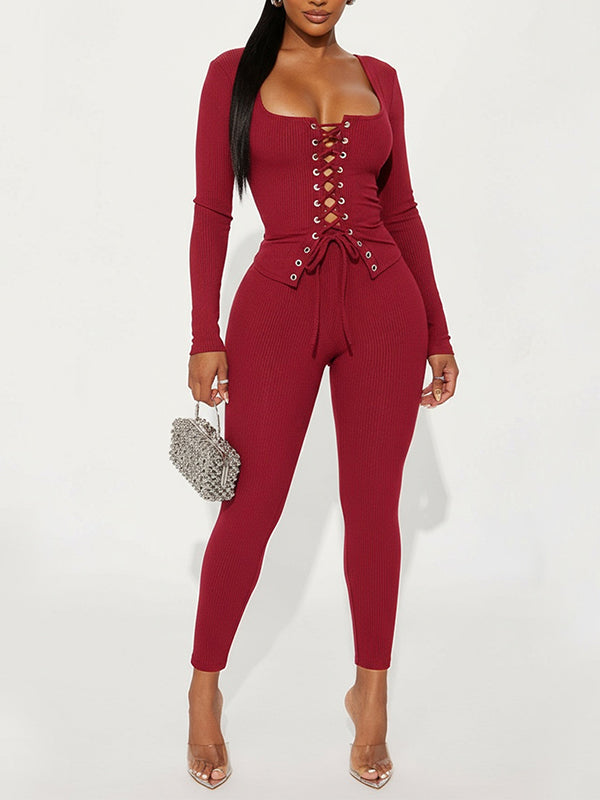 Solid Lace-Up Top & Pants Set