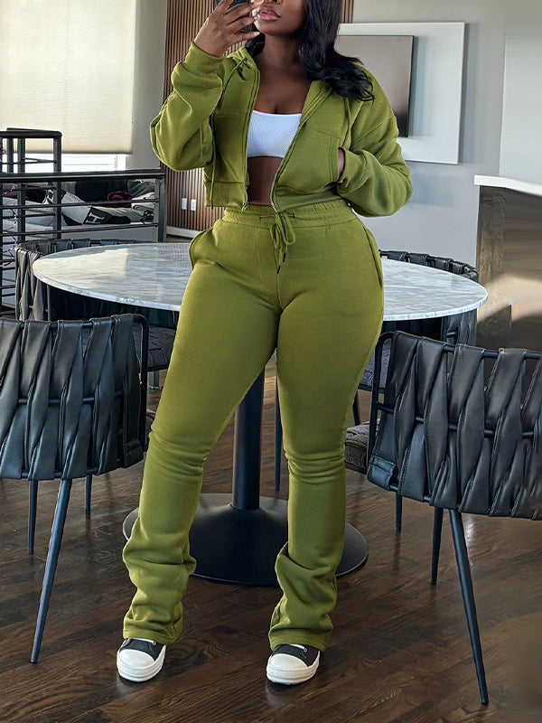 Solid Zip-Front Hoodie & Pants Set