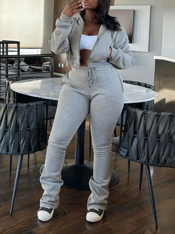 Solid Zip-Front Hoodie & Pants Set