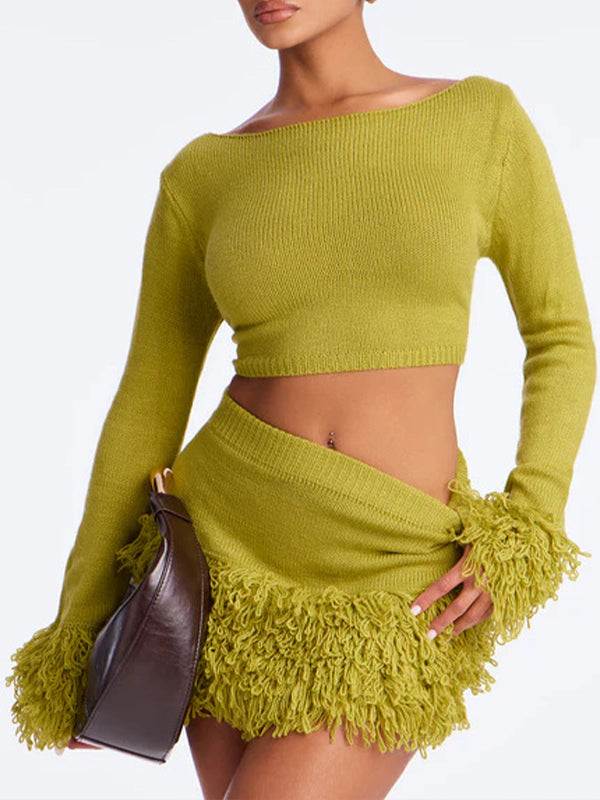 Knit Crop Top & Fringe Skirt Set